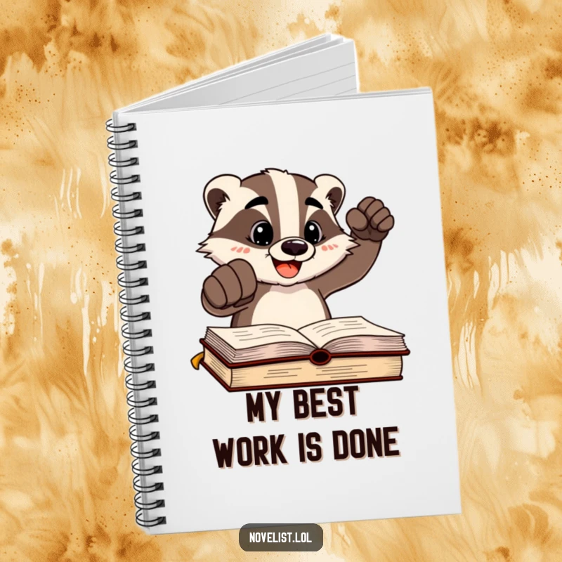 Funny cheerful badger character hitting a written page on a lined notebook cover, designed for documenting triumphant and humorous ideas.