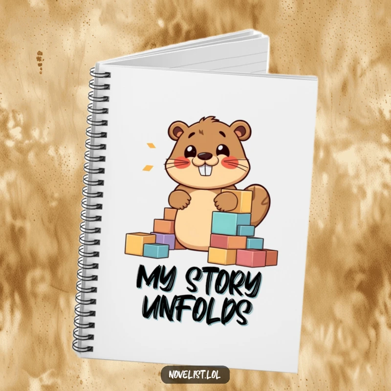 Funny notebook with a jovial beaver character building a story structure with blocks, humming contentedly, ideal for writing and note-taking.