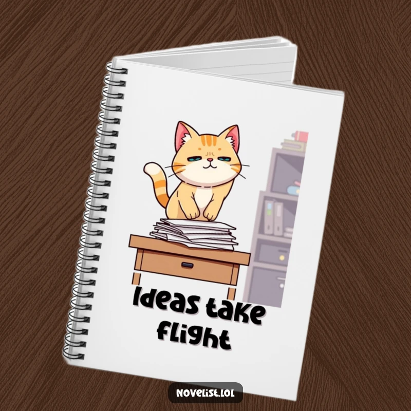 Funny ruled notebook, determined cat jumping onto desk, papers, office humor, perfect for notes and as a funny gift.