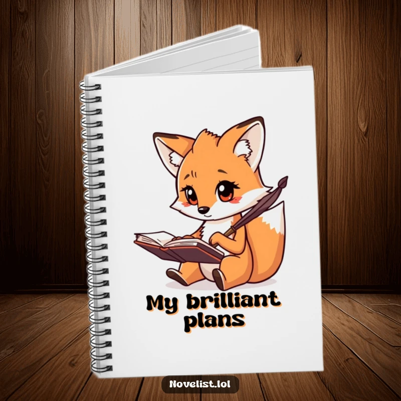 Funny notebook cover featuring a creative fox focused on scribbling notes with a quill, perfect for detailed writing.