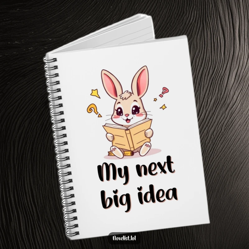 Funny notebook cover featuring a curious rabbit with sparkling eyes reading a giant manuscript, perfect for writing ideas.