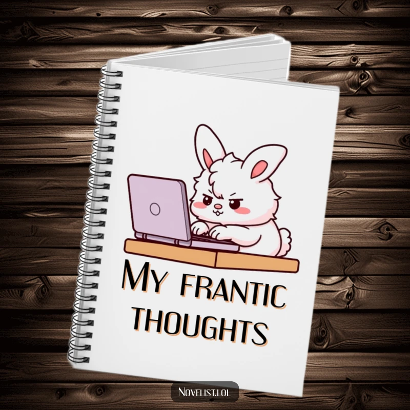 Funny Notebook cover with a fluffy bunny character furiously typing on a laptop with a determined expression, perfect for goal-setting.