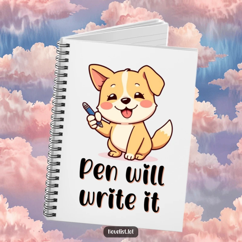 Funny notebook cover with a playful dog gesturing dramatically with a pen, ideal for creative note-taking.