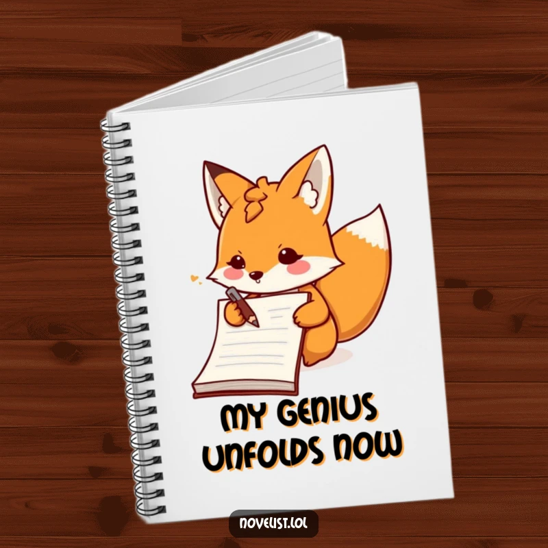 Funny determined fox character writing on a lined notebook cover, designed for capturing energetic and humorous thoughts.