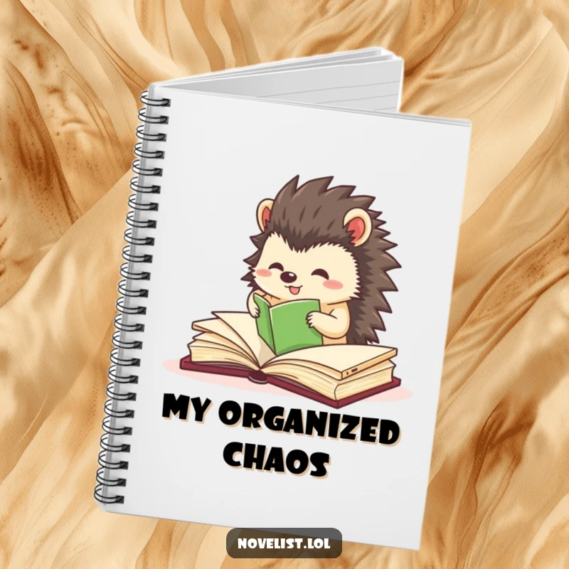 Funny notebook with a small hedgehog character precisely organizing book pages, inspiring neat and organized thoughts.