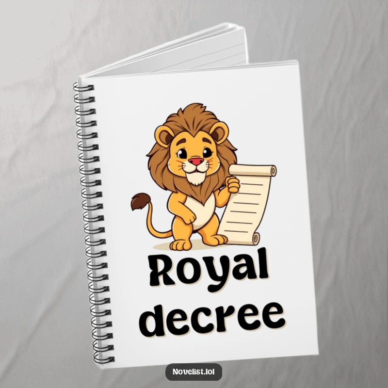 Funny notebook with a proud lion in a regal pose next to a manuscript. A creative and humorous tool for writers.