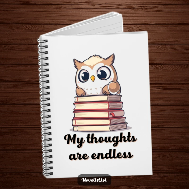Funny notebook cover with a surprised owl peeking over a pile of manuscripts, ideal for note-taking and journaling.