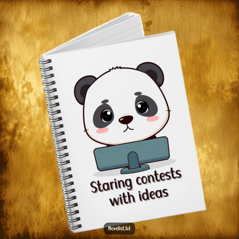 Funny panda peeking from a screen with a blinking cursor on a notebook cover, a humorous and inspiring writing tool.