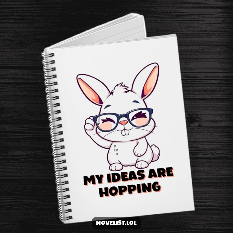 Funny notebook cover with a winking rabbit adjusting reading glasses, ideal for note-taking and journaling.