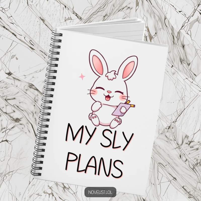 Funny ruled notebook, winking rabbit scribbling notes, playful smirk, perfect for notes and as a funny gift.