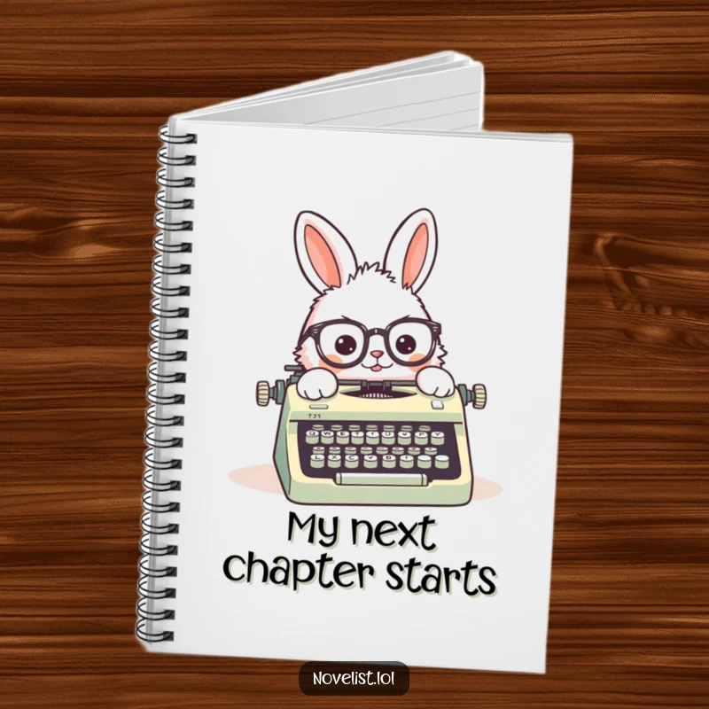 Funny notebook with a fluffy rabbit wearing askew spectacles, typing on a vintage typewriter, perfect for notes, journaling, or story ideas.