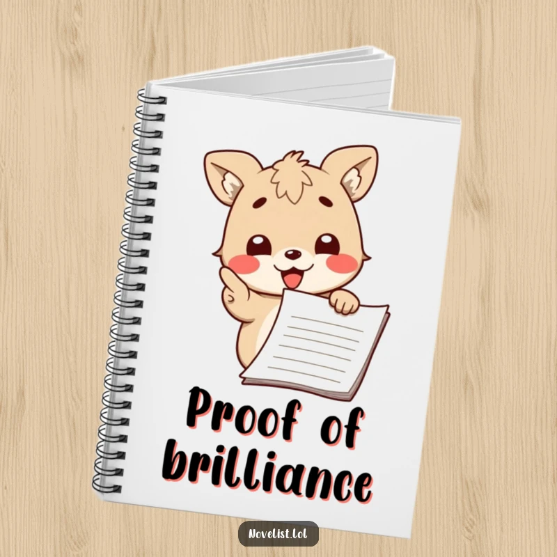 Funny notebook featuring a cute animal character passionately pointing at a manuscript with a smile, ideal for research notes.