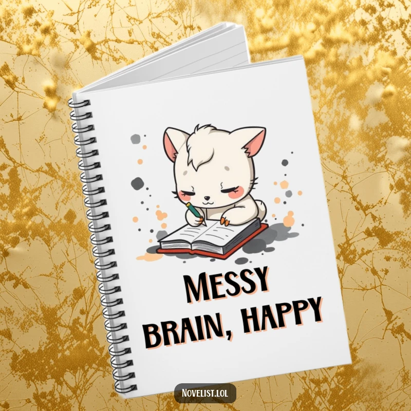 Funny notebook featuring a whimsical animal character scribbling furiously in a notebook with ink splatters, perfect for jotting down creative ideas.