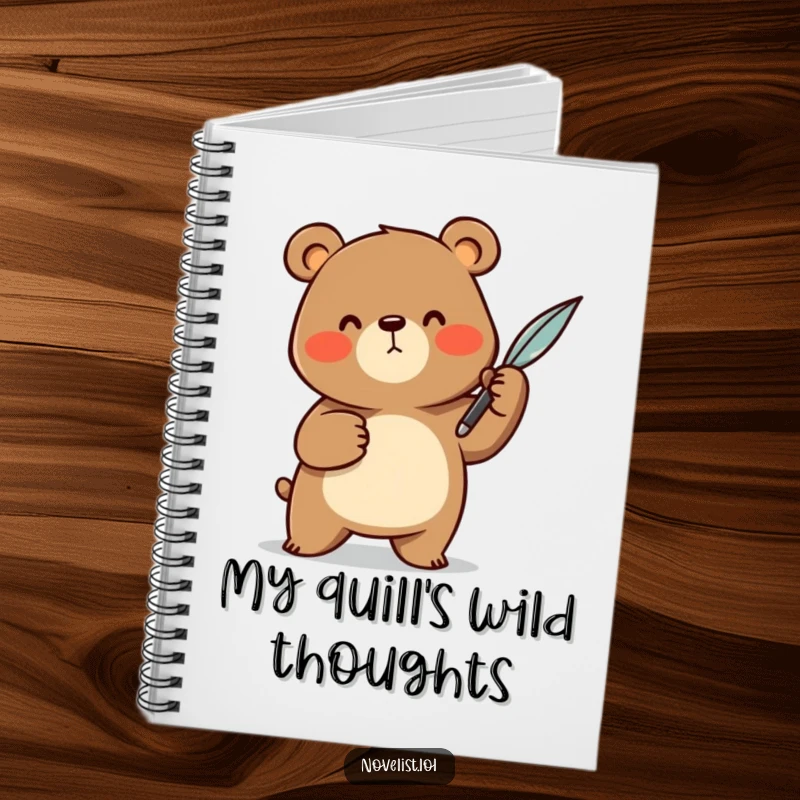 Funny Notebook: A cheerful bear animal character dramatically gesturing with a quill pen, perfect for jotting down ideas with humorous flair.