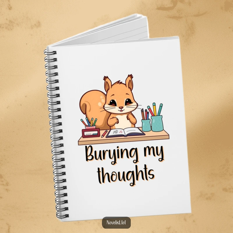 Funny notebook with a diligent squirrel character arranging writing tools on a desk. A creative and humorous tool for organization.