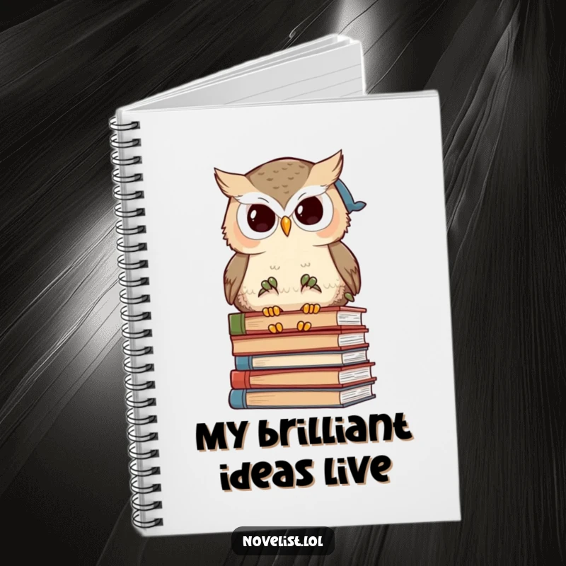 Funny wise owl character looking studious on a lined notebook cover, designed for capturing brilliant and humorous thoughts.