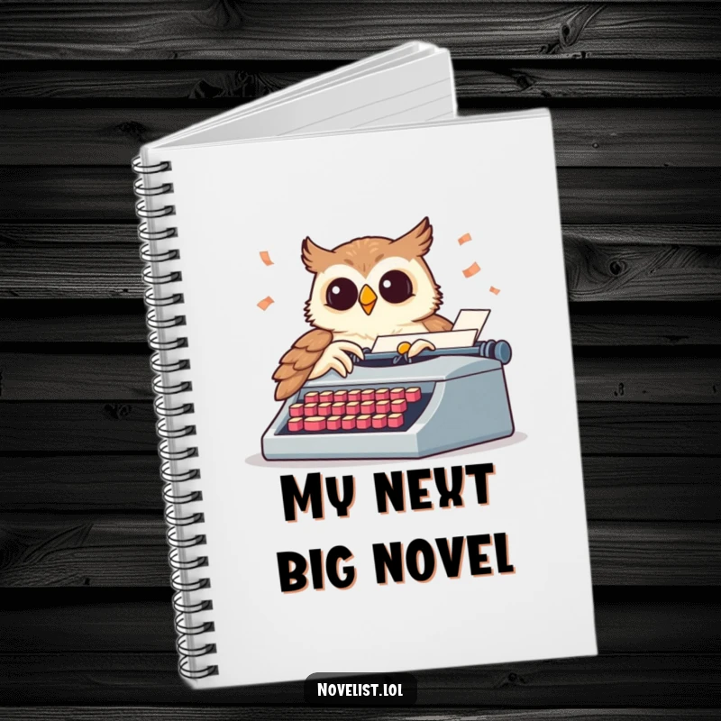 Funny notebook cover featuring a wise owl pecking a typewriter with flying keys, perfect for writing stories.