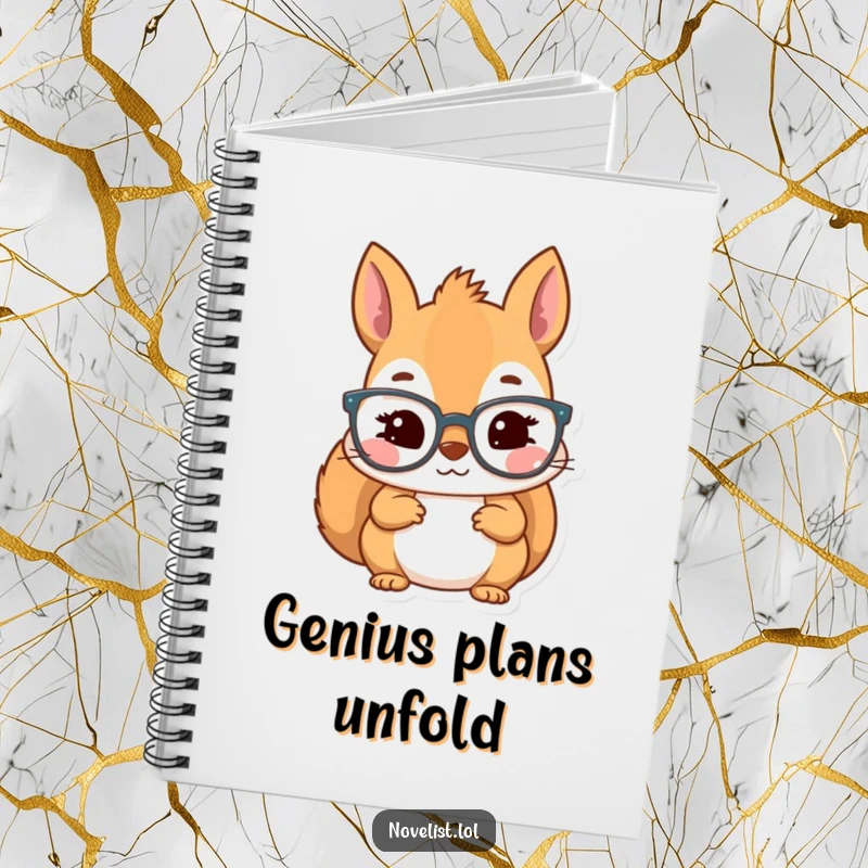 Funny notebook with a kawaii squirrel character wearing reading glasses, looking inspired and ready to write.