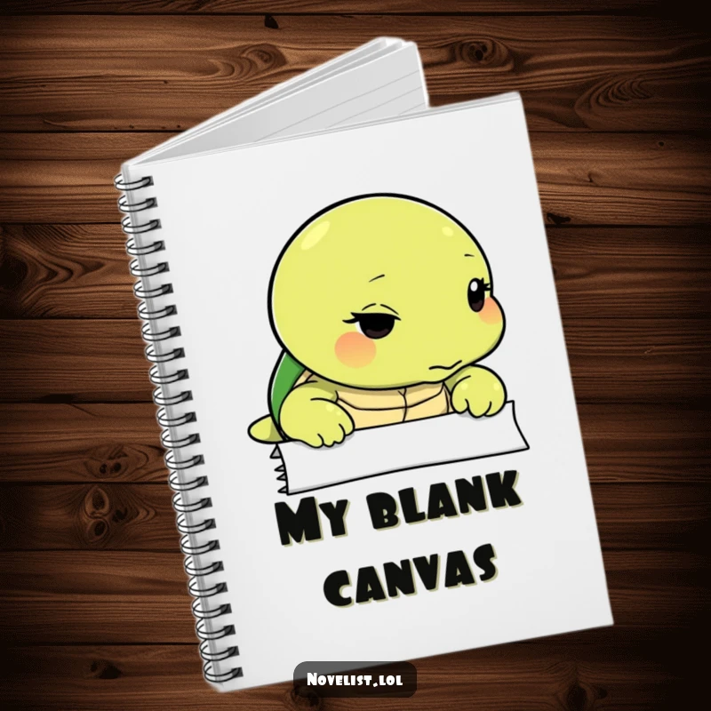 Funny notebook cover featuring a thoughtful turtle looking intently at a blank page, inspiring quiet contemplation and creative planning.