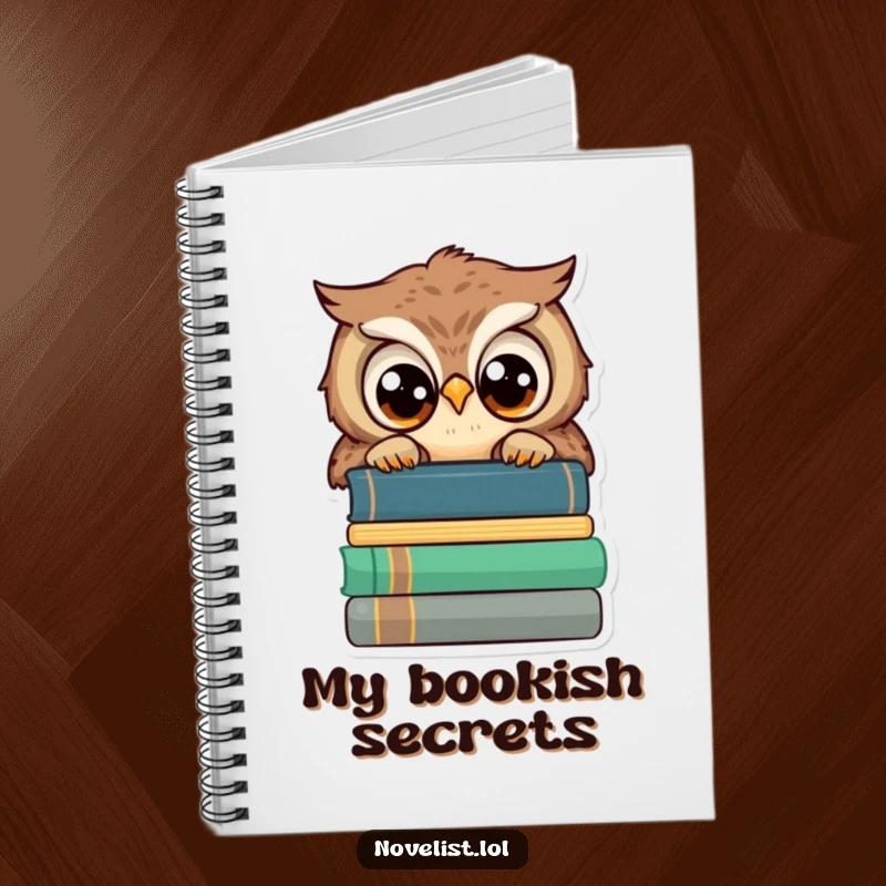 Funny ruled notebook, wise owl peeking over books, wide eyes, perfect for notes and as a funny gift.