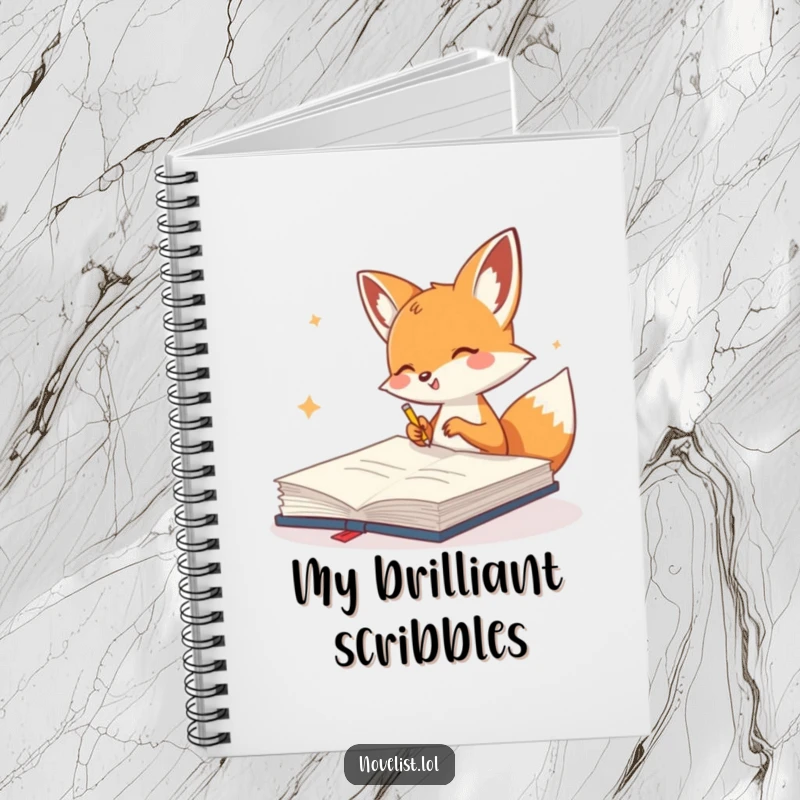 Funny Notebook cover with a cute fox gleefully scribbling in a giant notebook, perfect for jotting down creative ideas.