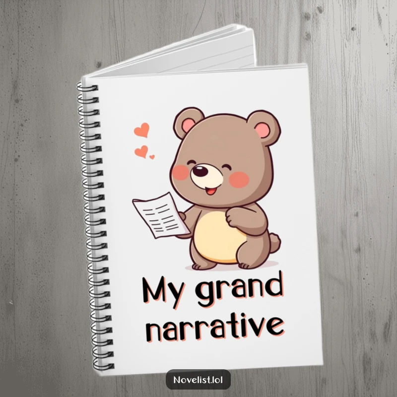 Funny notebook with a playful bear character dramatically gesturing while dictating a story, inspiring users to write their own narratives.