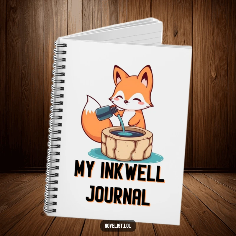Funny Notebook: A happy fox animal character pouring ink from a bottle into a well, perfect for jotting down ideas with humorous artistic flair.