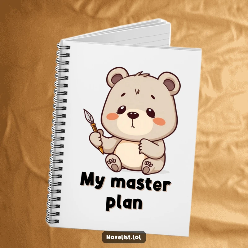Funny Notebook with a bear holding a quill pen high, symbolizing deep thought and the start of a great story.