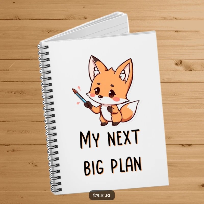 Funny ruled notebook, kawaii fox dramatically gesturing with a pen, thoughtful look, perfect for jotting ideas and as a funny gift.