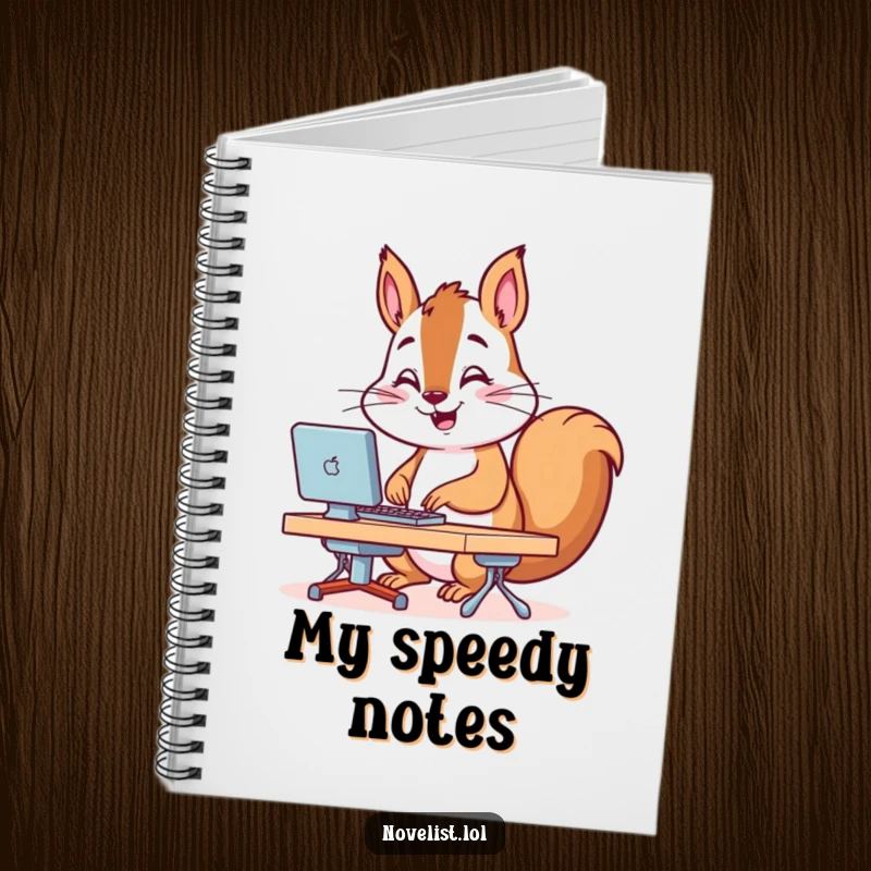 Funny Notebook with a squirrel typing furiously on a tiny keyboard, symbolizing quick thinking and efficient note-taking.