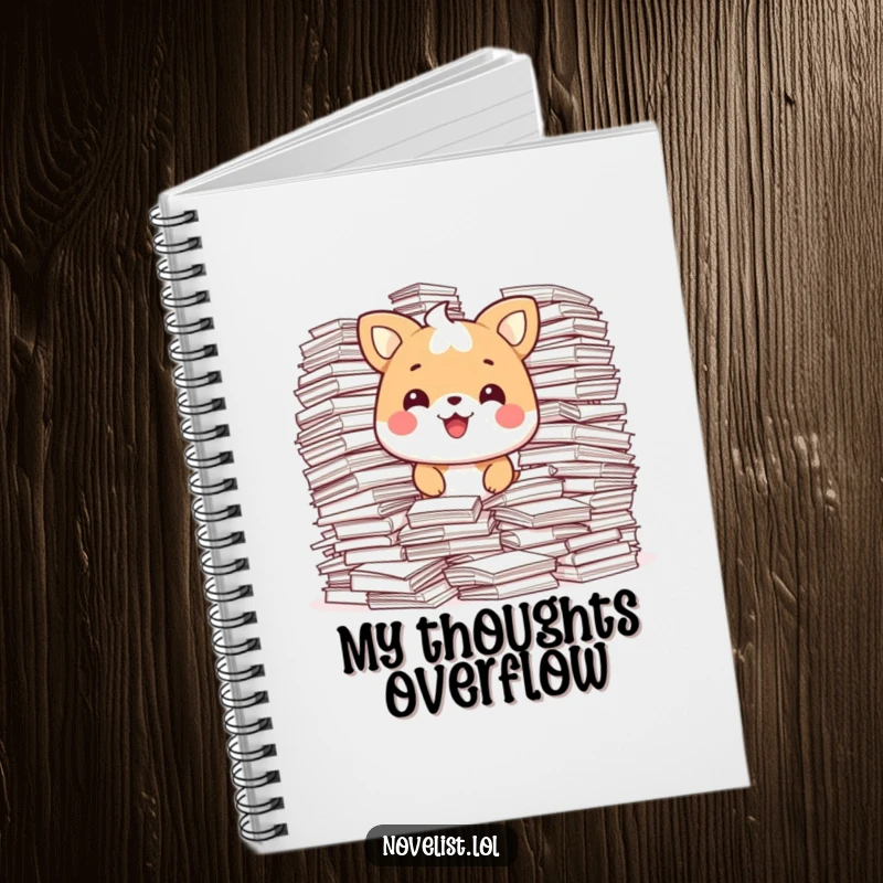Funny Notebook cover with a happy animal character surrounded by overflowing stacks of paper, looking pleased and ready to document.