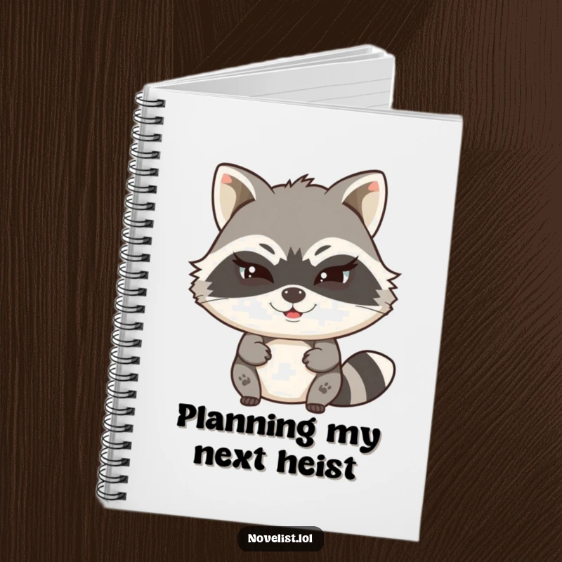 Funny notebook with a witty raccoon character typing a secret story with a mischievous wink, perfect for writing and note-taking.