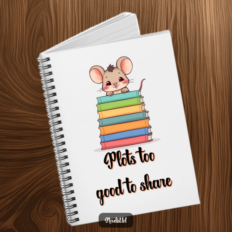 Funny notebook with a mischievous mouse peeking over storybooks, perfect for keeping notes and inspiring creative writing.