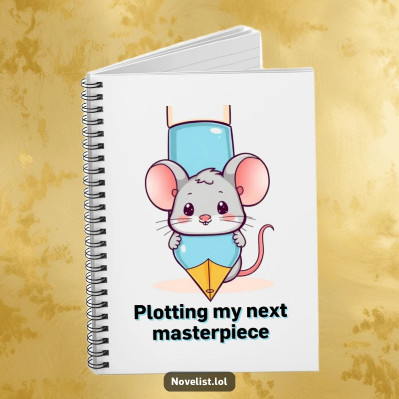 Funny mouse peeking from behind a huge fountain pen on a notebook cover, a humorous and inspiring writing tool.