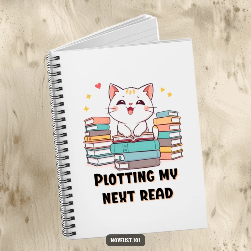 Funny cat notebook with an excitable character immersed in books, ideal for journaling and creative writing.