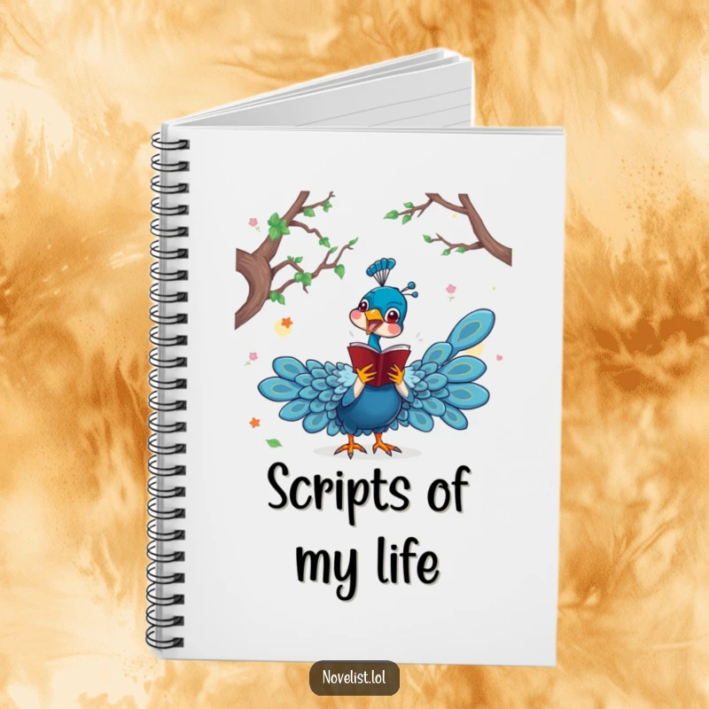 Funny notebook with a dramatic peacock character acting out a scene from a novel, perfect for writing dramatic stories.