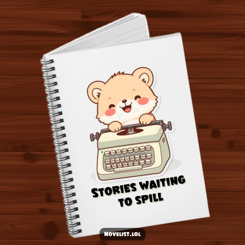 Funny notebook featuring a fuzzy animal joyfully typing on a vintage typewriter, ideal for capturing story ideas.