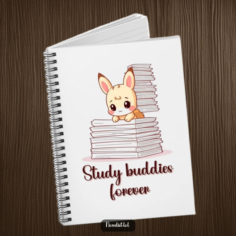 Funny notebook featuring a tiny animal character looking curious over a huge stack of papers, perfect for jotting down study notes or work tasks.