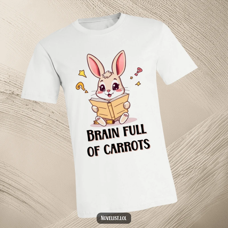 Funny t-shirt featuring a curious rabbit with sparkling eyes reading a large manuscript, a charming funny gift.
