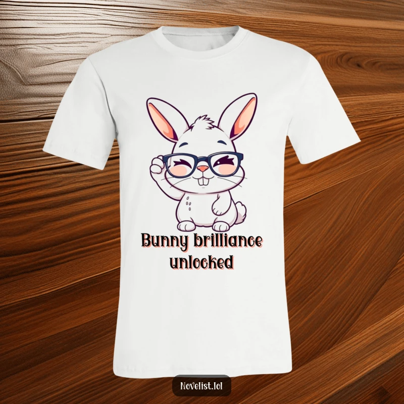 Funny t-shirt depicting a winking rabbit adjusting its reading glasses with a sly, creative grin, celebrating intellect.