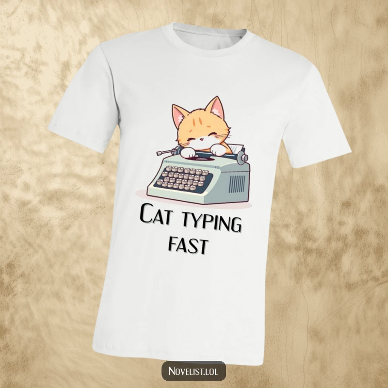 Funny t-shirt graphic of a cute cat intensely typing on a vintage typewriter, its fluffy tail wagging energetically.