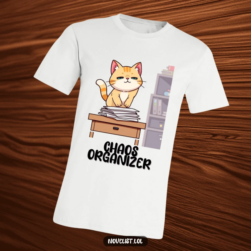 Funny t-shirt, determined cat jumping onto desk, pile of papers, office chaos, relatable humor for funny gift seekers.