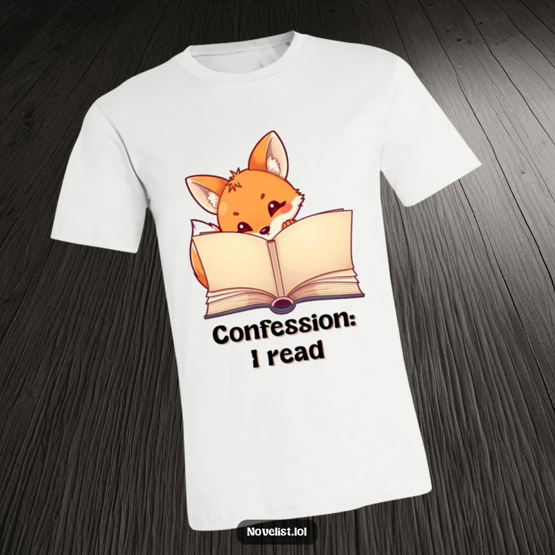 Funny t-shirt showing a curious fox peeking playfully from behind a large, open storybook, perfect for avid readers.