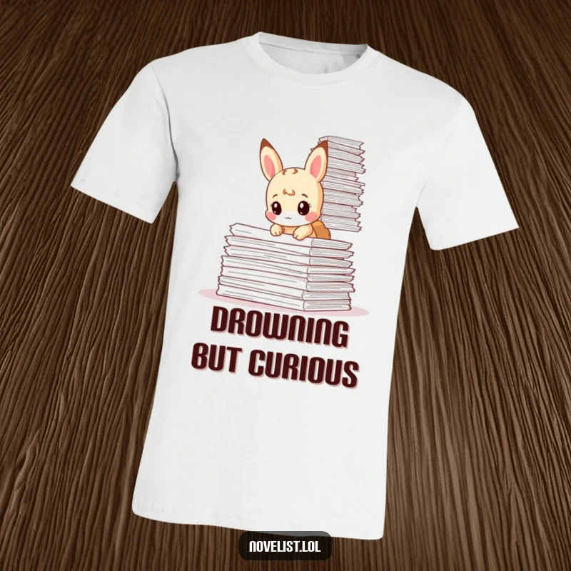 Funny t-shirt featuring a tiny animal character looking curious amidst a massive, overwhelming pile of papers, evoking relatable work humor.