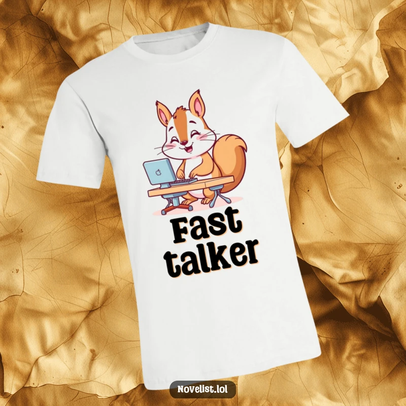 Funny T-Shirt with a cheerful squirrel rapidly typing on a tiny keyboard, a determined look and bushy tail a blur of motion.