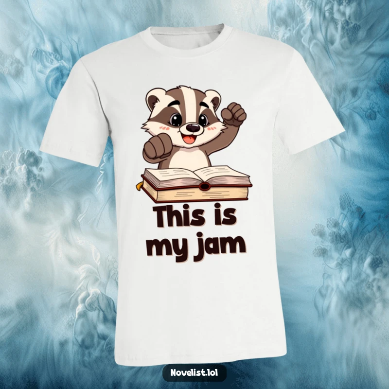 Funny cheerful badger character triumphantly hitting a written page with a fist on a t-shirt, celebrating literary victory.
