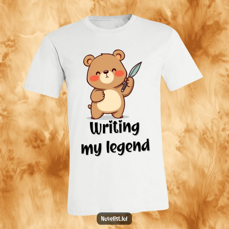 Funny T-Shirt: A cheerful bear animal character dramatically gesturing with a quill pen, capturing the essence of creative expression with humor.