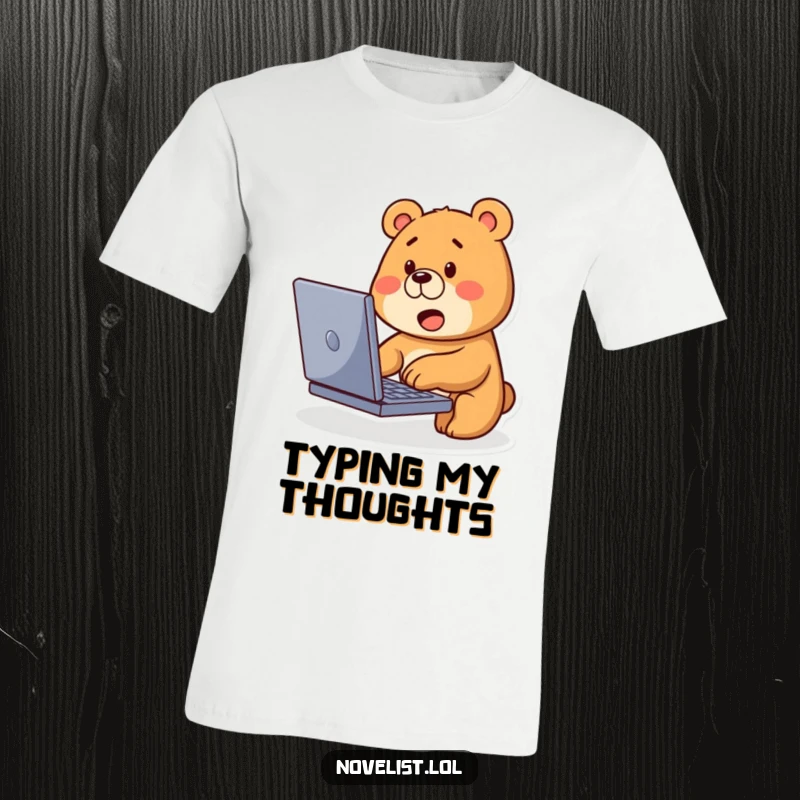 Funny Bear Typing T-Shirt: Cute bear types on laptop with curious expression, a fun and humorous apparel.