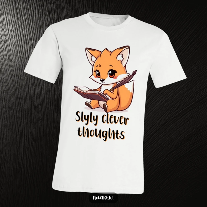 Funny t-shirt of a focused creative fox scribbling notes with a quill, showcasing smart and funny design.