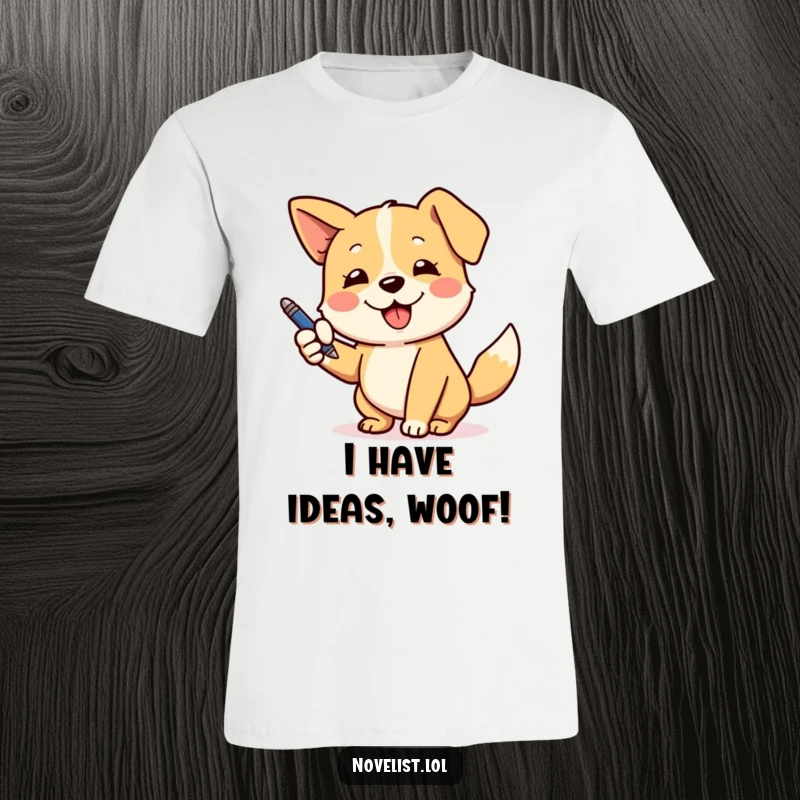 Funny t-shirt depicting a happy dog wagging its tail while using a pen to make a grand, dramatic gesture.